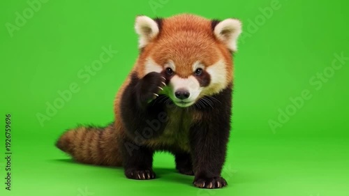 Adorable Red Panda Standing on Bright Green Background with Playful Expression and Fluffy Fur