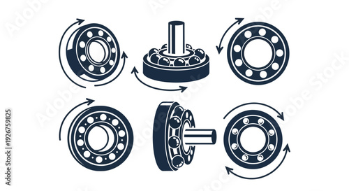 Ball bearing illustrations showing rotation and internal structure silhouette