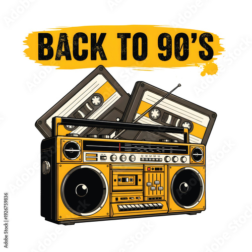 Back to 90's boombox and cassette tapes vector illustration. Vintage yellow boombox with two cassette tapes and bold text on a yellow brush stroke background.