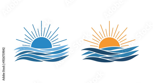Two stylized sun and wave logos with bold colors a striking silhouette