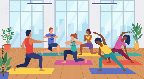 Group of multiethnic men and women doing fitness exercises on colorful mats in a bright, spacious gym with large windows and a wooden floor