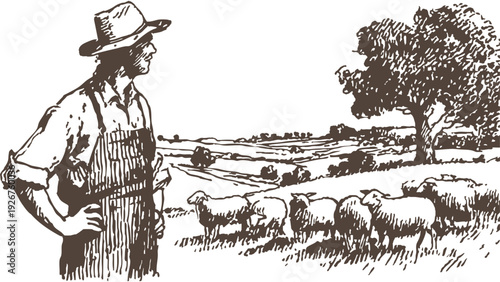 Shepherd standing beside flock of sheep countryside. Banner for livestock farming promotion. Pencil hand contour sketch style showing agricultural worker in pastoral landscape.