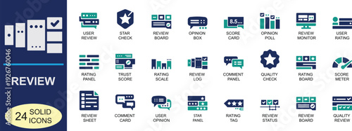 Modern solid review icon set featuring rating, feedback, star and approval symbols in bold vector style for web, mobile apps, dashboards and user interface design.