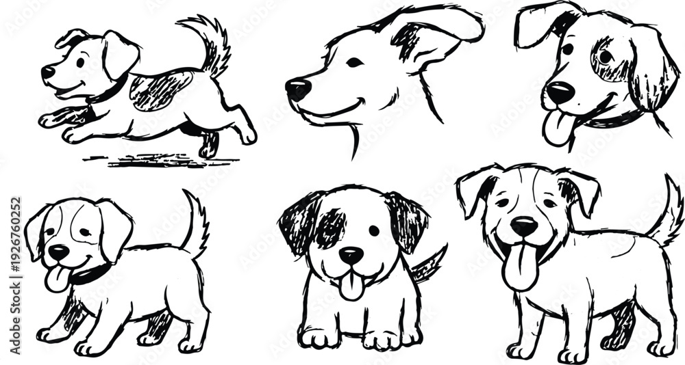 Obraz premium Scribble chalk or charcoal style dogs drawing. Hand drawn puppy sketches, wax crayon outline funny whimsical grunge charcoal art for tshirt print, placard, poster or isolated doodle stickers