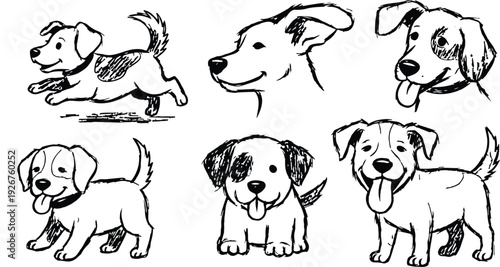Scribble chalk or charcoal style dogs drawing. Hand drawn puppy sketches, wax crayon outline funny whimsical grunge charcoal art for tshirt print, placard, poster or isolated doodle stickers