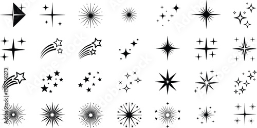 Black star and sparkle icons, celestial decorative elements, shooting stars, bursts, clusters, magic light symbols, vector design resources for creative projects