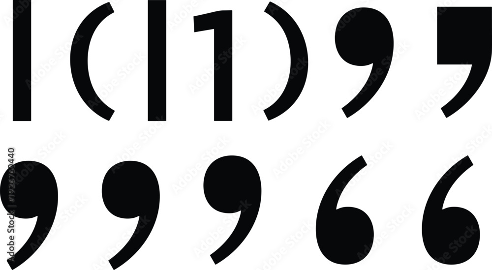 Fototapeta premium Typography quotation marks and apostrophe glyphs, diverse font styles, punctuation design elements, vector resources for typesetting, graphic design, editorial projects