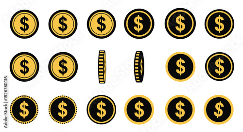 Collection of gold dollar signs and coins in a flat style silhouette