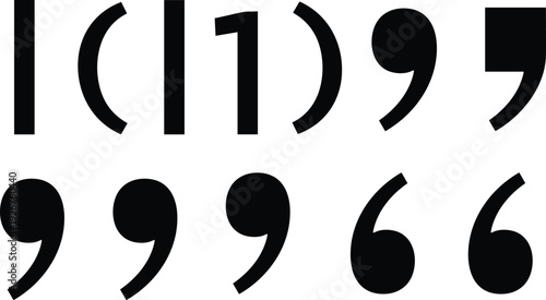 Typography quotation marks and apostrophe glyphs, diverse font styles, punctuation design elements, vector resources for typesetting, graphic design, editorial projects