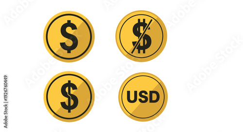 Four golden coins displaying dollar signs a striking silhouette