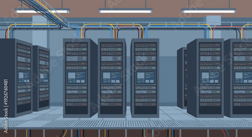 Rows of dark server racks with blinking lights stand in a modern data center with cables running along the ceiling and under the raised floor, a flat vector illustration