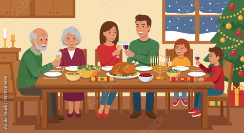 Multi-generational family celebrating holiday dinner with a festive toast, featuring a roasted turkey, menorah, and Christmas tree in a warm, joyful home setting