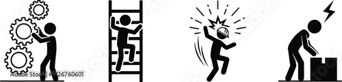 Workplace Safety Hazard Icons, Industrial Accident Prevention Silhouette Set, Occupational Health and Safety Symbols, Warning Signs for Construction and Factory Workers