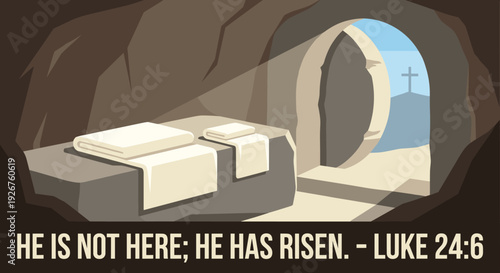 Christian illustration of the empty tomb with folded burial cloths on a stone slab, symbolizing the resurrection on Easter morning with light streaming into the cave