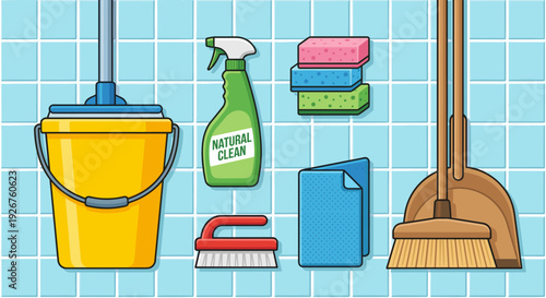 Colorful set of cartoon cleaning supplies including a mop, bucket, spray bottle, sponges, brush, and broom with dustpan against a blue tiled wall in a flat vector illustration style