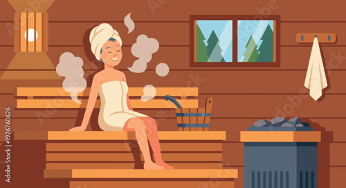 Relaxed young woman in a towel enjoys a hot steam bath, sitting on a wooden bench in a traditional sauna for wellness, health, and self-care in a flat vector illustration