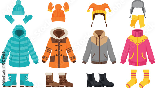 Winter Clothes Collection, Vector Seasonal Outfits Set, Warm Jackets, Boots, Hats, Gloves, and Scarves, Colorful Cold Weather Apparel, Flat Fashion Illustration