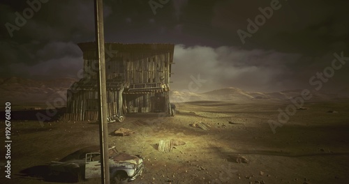 Derelict roadside outbuilding at twilight, cracked pavement and leaning pole set stage for eerie stillness, mood of urban decay and travel nostalgia.