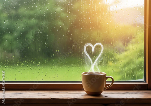 Happy friday coffee steaming in a mug on a rainy day, with heart-shaped steam creating a romantic atmosphere by the window.