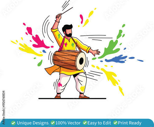 Holi Dhol Drummer Vector Illustration – Indian Festival of Colors Celebration with Vibrant Splash Design