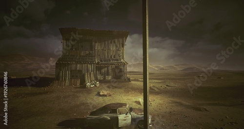 Fotografie Dilapidated wooden shack on desert road, under moody storm sky, distant silhouet