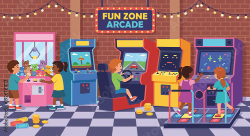 Diverse group of happy children playing games at a vibrant video arcade with various machines like claw, racing, and dance pads in a fun, retro-style flat vector illustration
