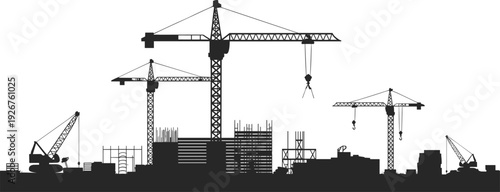 Industrial construction site skyline silhouette, heavy machinery with tower cranes and building scaffolding vector illustration on white background.