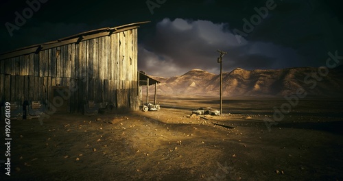 Quadro su tela Abandoned terrain under warm illuminated wreckage, Solitary desert setting featu