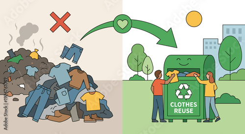 Infographic illustration comparing clothes recycling and landfill waste, showing people donating garments to a reuse bin versus a pile of discarded apparel in a dump