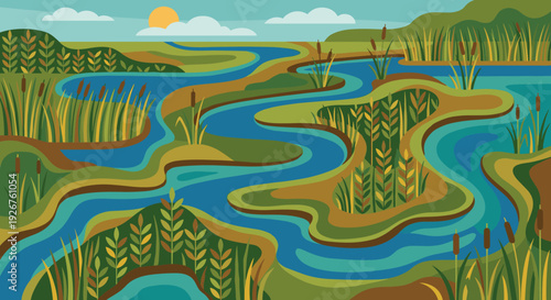 Winding blue river flowing through a lush green marsh with reeds and cattails in a serene, stylized flat vector illustration of a natural wetland ecosystem