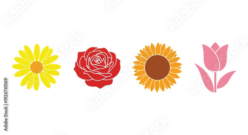 Four colorful flowers arranged in a row a simple silhouette