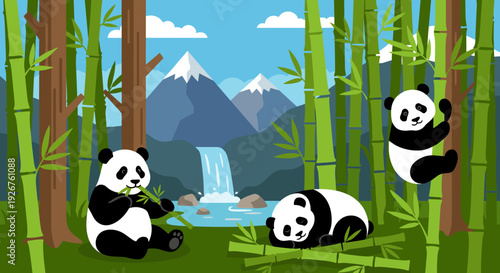 Three adorable pandas are happily living in a vibrant bamboo forest, with one eating, one sleeping, and another climbing, set against majestic mountains and a serene waterfall under a clear blue sky