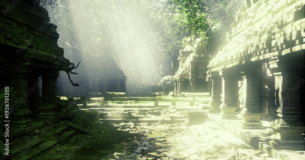 Obraz premium Sunlit ancient temple ruins bathing in soft rays, mosscovered stones and carved columns framing tranquil courtyard, cinematic haze, shallow reflective pools