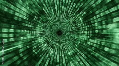 A swirling tunnel of green light and patterns leading to a black, central void