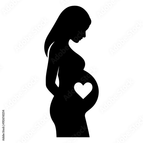 Pregnant woman silhouette icon with heart on baby belly