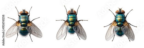 Set of Blue fly with glossy body surface and intricate wing patterns on transparent png background. Ai generated