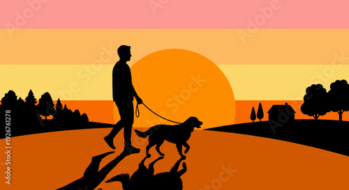 Black silhouette of a man walking his dog on a leash through a peaceful landscape with a large setting sun creating a warm orange and yellow glow