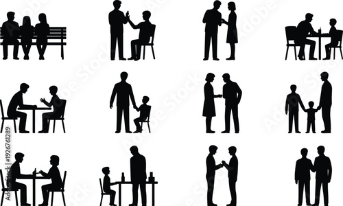 Family and social interaction silhouettes collection isolated on white background, parents, children and couples sitting, talking and standing poses, black vector clipart set