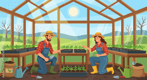 Two happy farmers, a man and woman, gardening together inside a sunny glass greenhouse, planting and tending to young green seedlings in trays during the early spring season