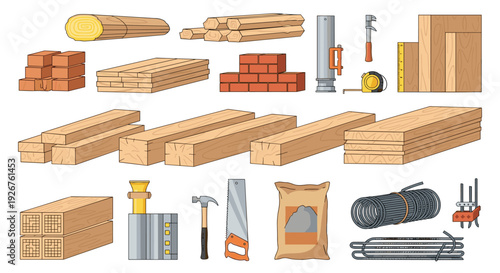 A variety of construction materials and hand tools including bricks, lumber, a saw, a hammer, and a bag of cement are displayed on a white background.