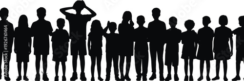 Large group of children silhouettes isolated on white background, diverse kids standing together in different poses, school boys and girls vector set