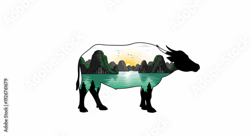 Artistic Silhouette of a Buffalo Filled with a Serene Landscape of Mountains, Water, and Sky