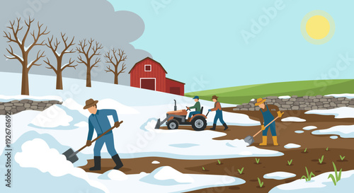 Group of farmers clearing the last melting snow from a field with shovels and a tractor, preparing the soil for spring planting under a sun with a red barn in the background