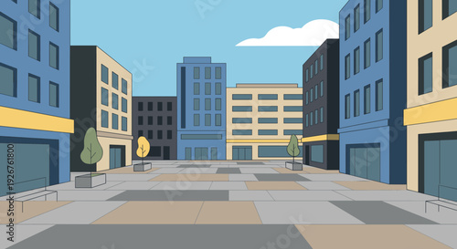 Empty city street vector illustration with colorful modern buildings, a paved pedestrian square, and small trees under a bright blue sky in a flat, minimalist style