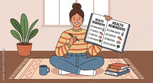 Smiling young woman holding a health reminders checklist while sitting cross-legged on a rug, tracking daily habits for a wellness routine and personal growth concept
