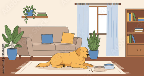 Relaxed golden retriever dog lies peacefully on a rug in a cozy living room, next to its food and water bowls, surrounded by plants and a comfortable sofa