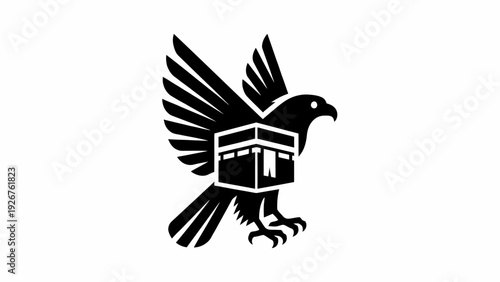 Dynamic icon of an eagle carrying a holy sanctuary, symbolizing a spiritual quest, divine protection, and steadfast devotion