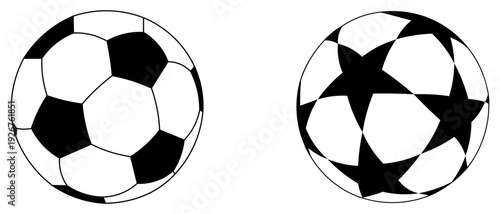 Set of two soccer balls classic hexagonal and star pattern black and white vector