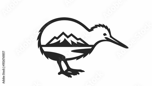 Artistic monochrome kiwi bird silhouette design showcasing a scenic mountain lake landscape, symbolizing indigenous wildlife, natural beauty, and environmental harmony