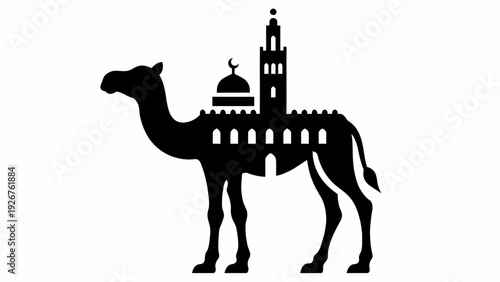 Elegant black silhouette of a camel featuring a mosque dome and minaret, symbolizing Middle Eastern cultural heritage, desert travel, and ancient Islamic architecture